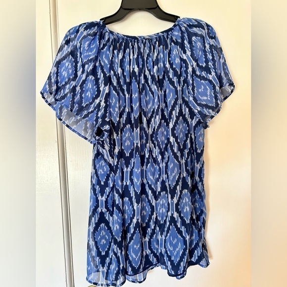 Talbots Top Blue Ikat Diamond Pattern Tie Neck Floaty Short Sleeves size 1X - Picture 12 of 16